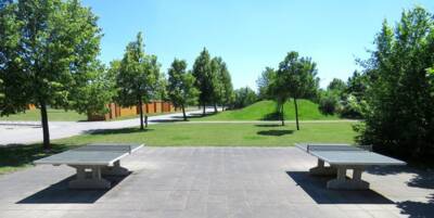 zwei Tischtennisplatten stehen im Sportpark umgeben von Bäumen auf grüner Wiese